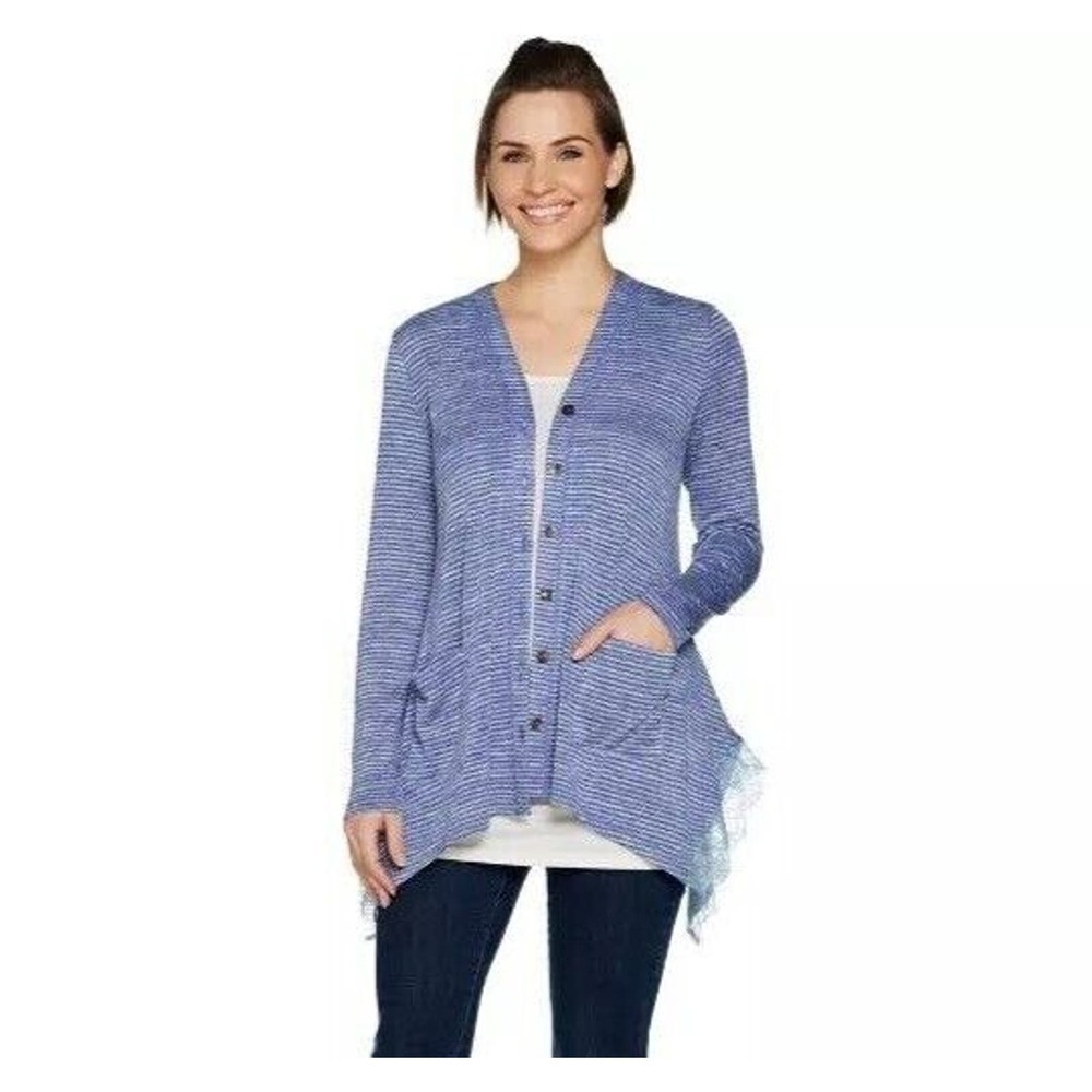 LOGO By Lori Goldstein Space Dye Button Front Cardigan Size Large Blue Lace Trim